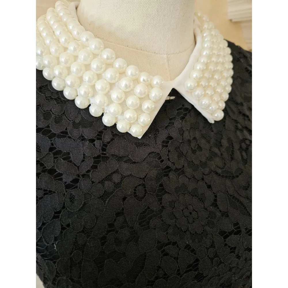 Betsey Johnson Black Lace Fit & Flare Sleeveless Dress w/Pearl Collar-Size 6 - Picture 4 of 9